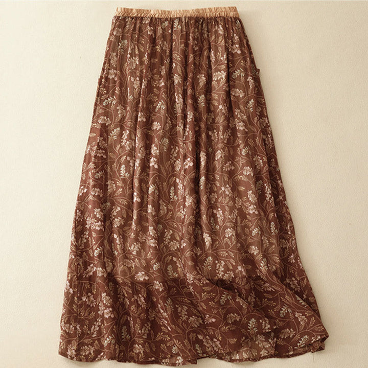 Buddha Stones Floral A-line Elastic Waist Cotton Linen Women's Skirt With Pockets