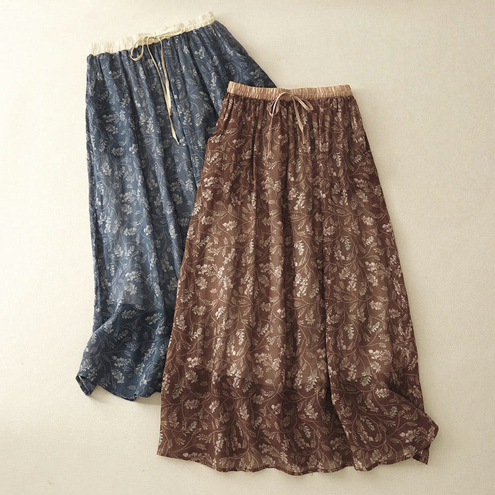 Buddha Stones Floral A-line Elastic Waist Cotton Linen Women's Skirt With Pockets