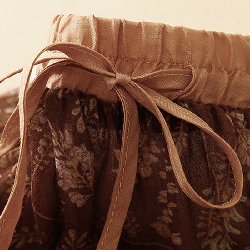 Buddha Stones Floral A-line Elastic Waist Cotton Linen Women's Skirt With Pockets