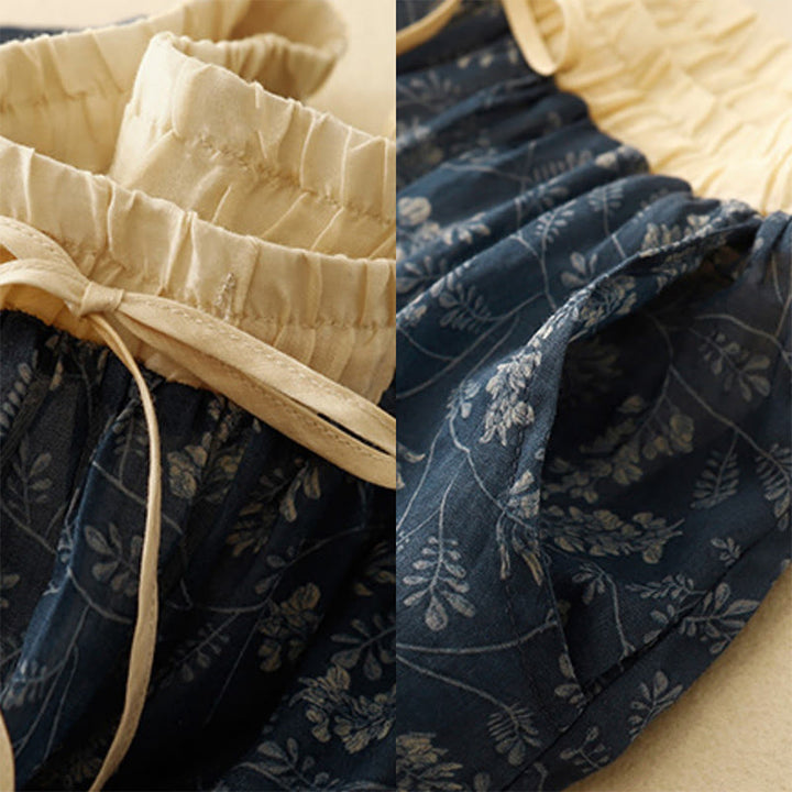 Buddha Stones Floral A-line Elastic Waist Cotton Linen Women's Skirt With Pockets