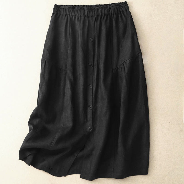 Buddha Stones A-line Buttons Slit Design Elastic Waist Cotton Women's Skirt With Pockets