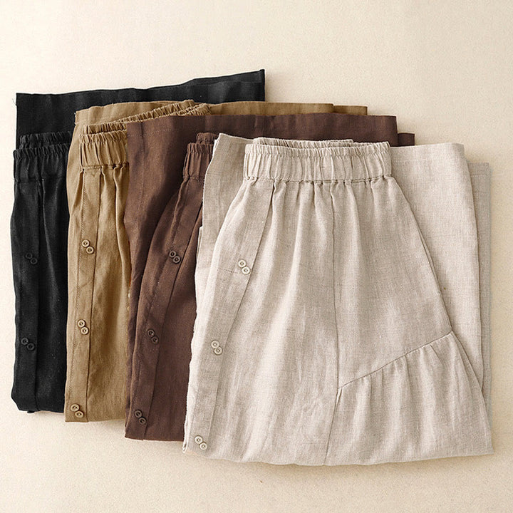 Buddha Stones A-line Buttons Slit Design Elastic Waist Cotton Women's Skirt With Pockets