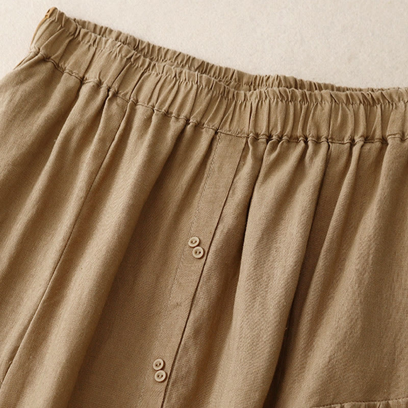 Buddha Stones A-line Buttons Slit Design Elastic Waist Cotton Women's Skirt With Pockets