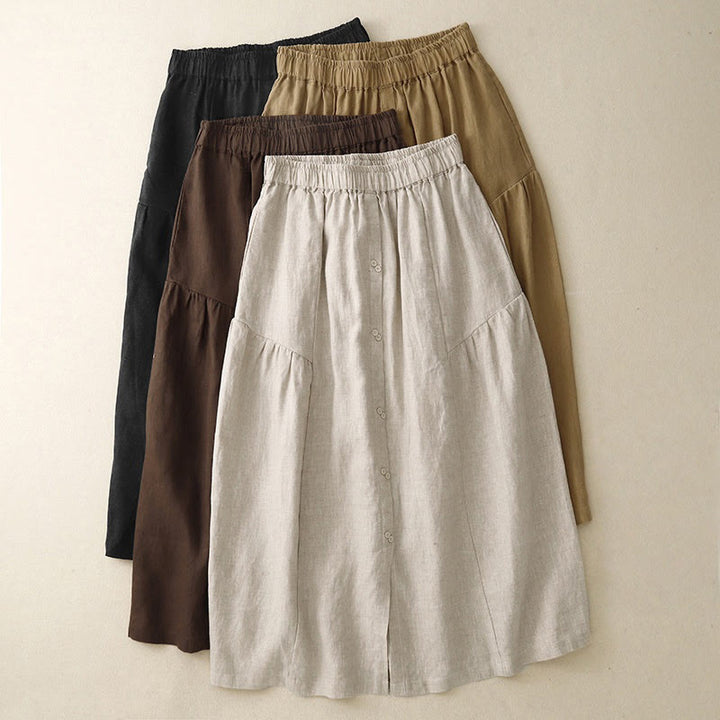 Buddha Stones A-line Buttons Slit Design Elastic Waist Cotton Women's Skirt With Pockets
