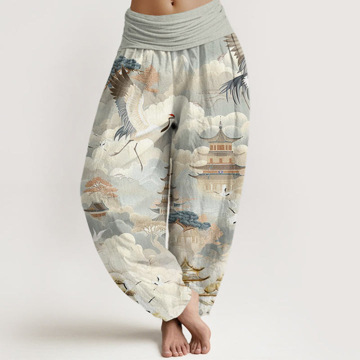 Buddha Stones Casual Cranes Clouds Pagodas Pattern Women's Harem Pants - DarkSeaGreen - US22,UK/AU26,EU54 (6XL) - image 1