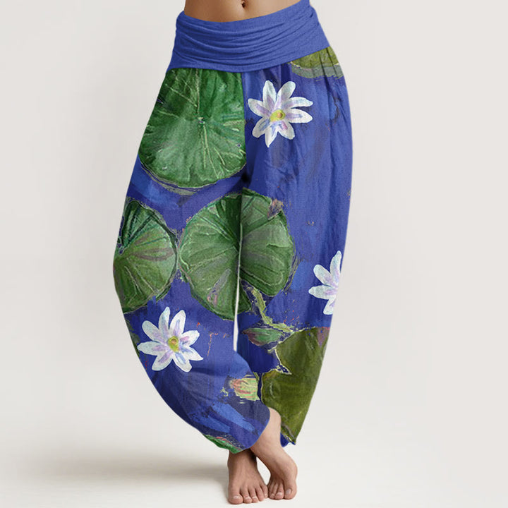 Buddha Stones Casual Green Lotus Leaves White Flowers Pattern Women's Harem Pants - SlateBlue - US22,UK/AU26,EU54 (6XL) - image 1