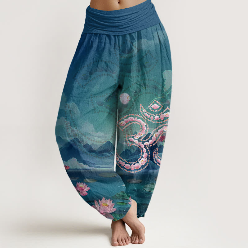 Buddha Stones Casual Lotus Flowers Om Symbol Mountains Lake Pattern Women's Harem Pants - Teal - US22,UK/AU26,EU54 (6XL) - image 1