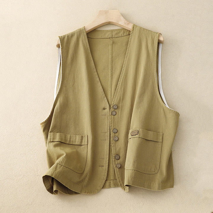 Buddha Stones Solid Color Front Buttons Sleeveless Women's Cotton Waistcoat With Pockets - Khaki - US8-10,UK/AU12-14,EU40-42 (2XL) - image 1