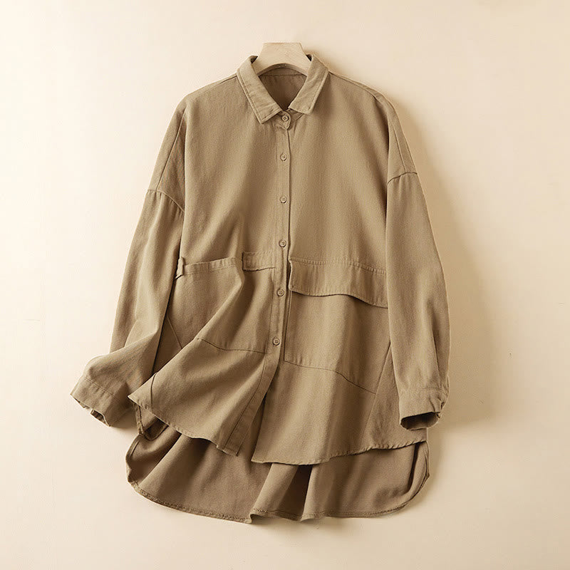 Buddha Stones Fall Irregular Design Long Sleeve Women's Cotton Linen Lapel Jacket With Pockets - Khaki - US14,UK/AU18,EU46 (2XL) - image 1