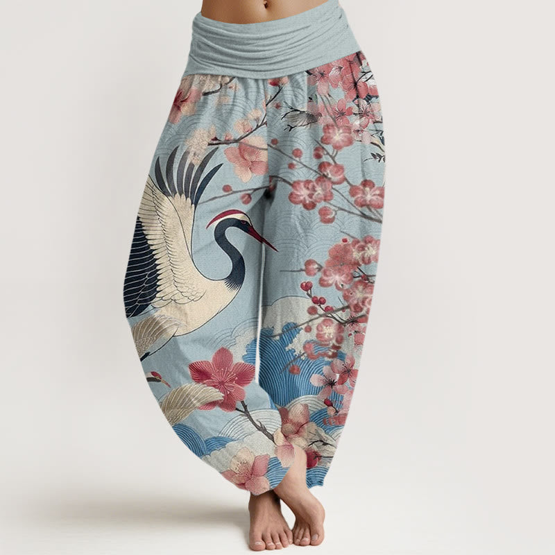 Buddha Stones Casual Crane Cherry Blossom Design Pattern Women's Elastic Waist Harem Pants - SkyBlue - US22,UK/AU26,EU54 (6XL) - image 5