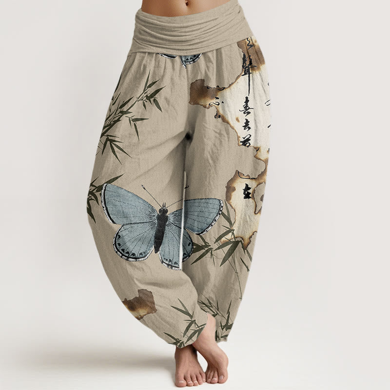 Buddha Stones Casual Butterfly Bamboo Leaf Calligraphy Pattern Women's Elastic Waist Harem Pants - Tan - US22,UK/AU26,EU54 (6XL) - image 8