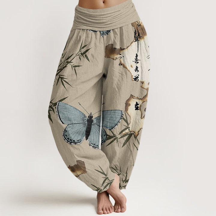 Buddha Stones Casual Butterfly Bamboo Leaf Calligraphy Pattern Women's Elastic Waist Harem Pants - Tan - US22,UK/AU26,EU54 (6XL) - image 8