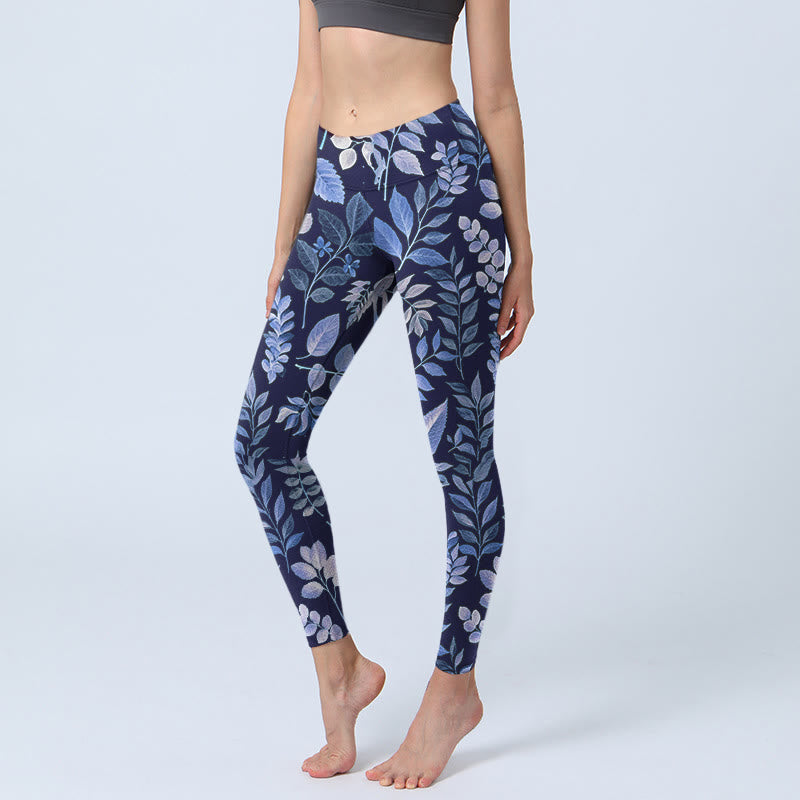 Buddha Stones Purple Leaves Print Gym Leggings Women's Yoga Pants - DarkSlateBlue - US18,UK/AU22,EU50 (4XL) - image 1
