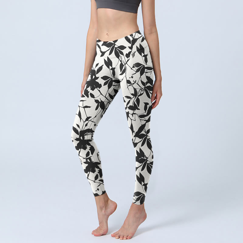 Buddha Stones Black Leaves Print Gym Leggings Women's Yoga Pants - Snow - US18,UK/AU22,EU50 (4XL) - image 1