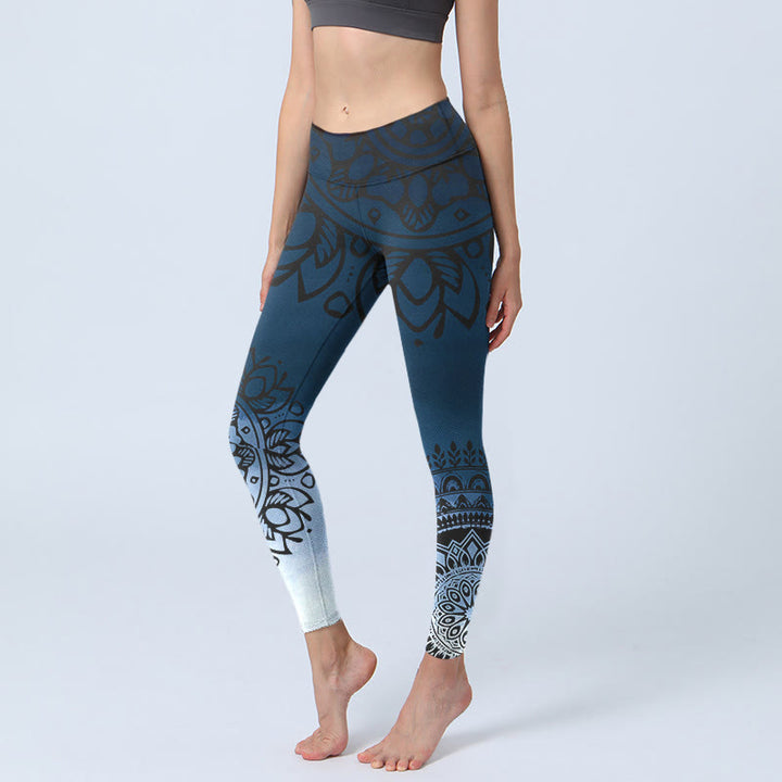 Buddha Stones Circular Mandala Flower Print Gym Leggings Women's Yoga Pants - SteelBlue - US18,UK/AU22,EU50 (4XL) - image 1