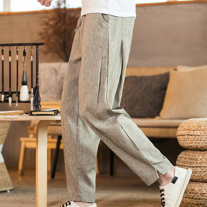 Buddha Stones Solid Color Linen Drawstring Tapered Men's Pants With Pockets - image 3