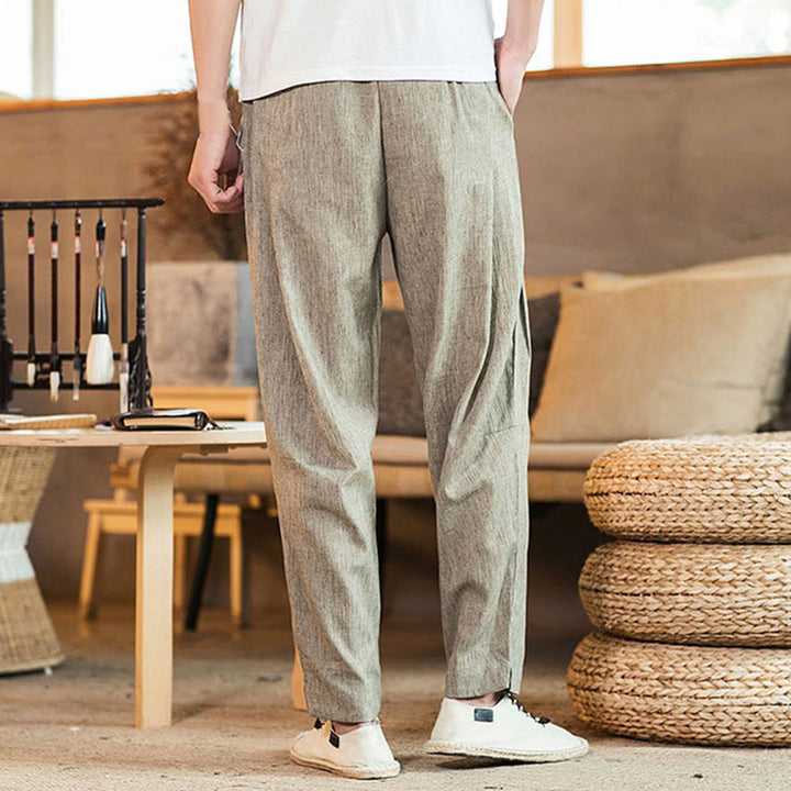 Buddha Stones Solid Color Linen Drawstring Tapered Men's Pants With Pockets - image 5