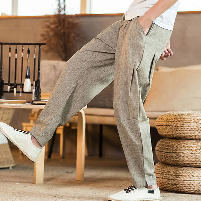 Buddha Stones Solid Color Linen Drawstring Tapered Men's Pants With Pockets - image 8