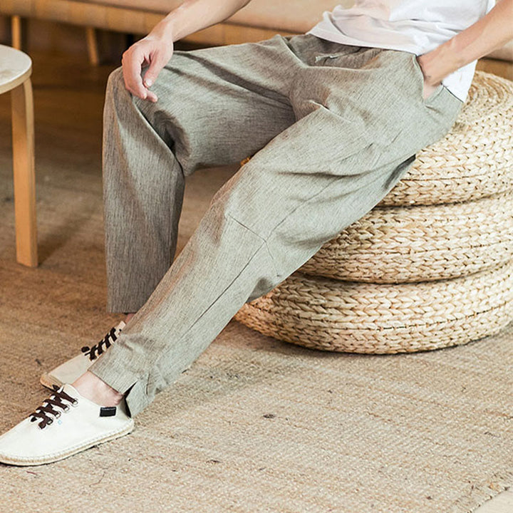 Buddha Stones Solid Color Linen Drawstring Tapered Men's Pants With Pockets - image 9