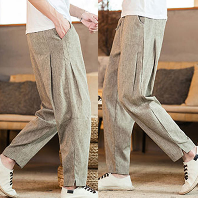 Buddha Stones Solid Color Linen Drawstring Tapered Men's Pants With Pockets - image 10