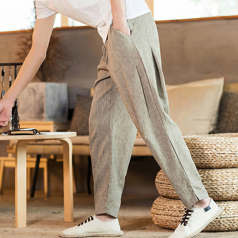 Buddha Stones Solid Color Linen Drawstring Tapered Men's Pants With Pockets - image 7