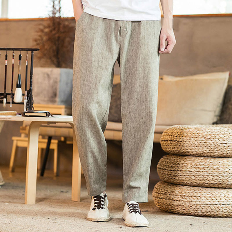 Buddha Stones Solid Color Linen Drawstring Tapered Men's Pants With Pockets - image 4