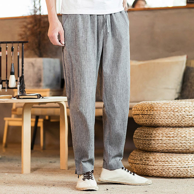 Buddha Stones Solid Color Linen Drawstring Tapered Men's Pants With Pockets - image 12