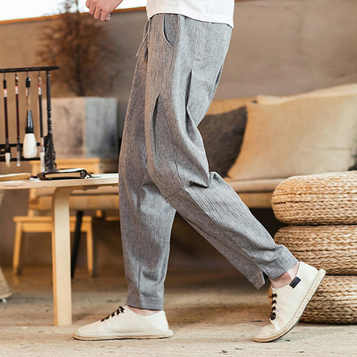 Buddha Stones Solid Color Linen Drawstring Tapered Men's Pants With Pockets - image 13