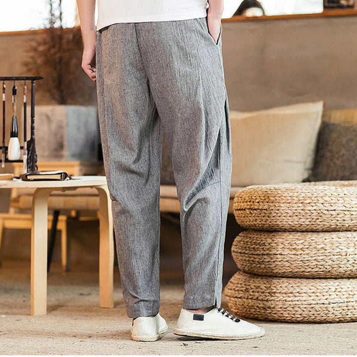 Buddha Stones Solid Color Linen Drawstring Tapered Men's Pants With Pockets - image 14