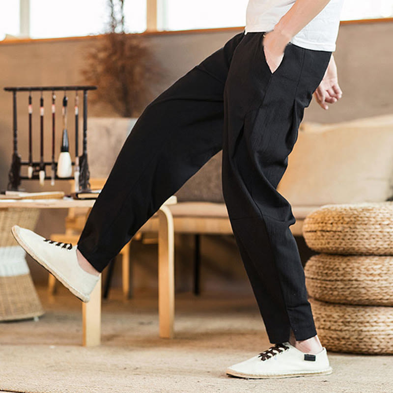 Buddha Stones Solid Color Linen Drawstring Tapered Men's Pants With Pockets - image 25