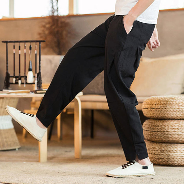 Buddha Stones Solid Color Linen Drawstring Tapered Men's Pants With Pockets - image 25