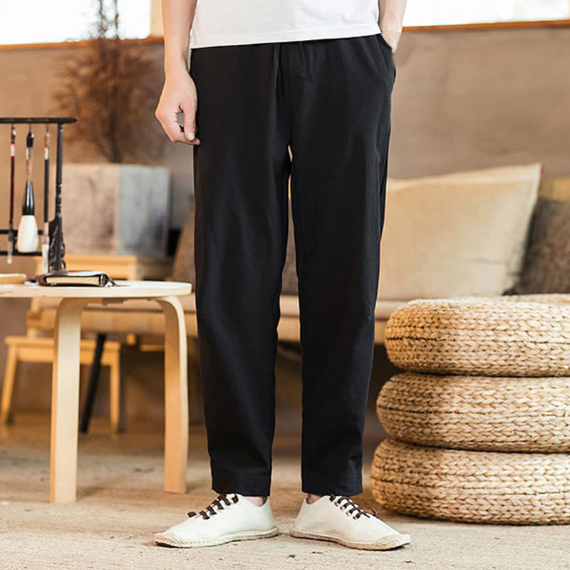 Buddha Stones Solid Color Linen Drawstring Tapered Men's Pants With Pockets - image 20