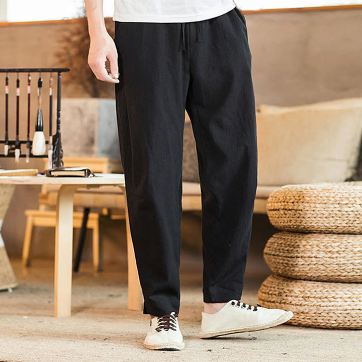 Buddha Stones Solid Color Linen Drawstring Tapered Men's Pants With Pockets - image 21