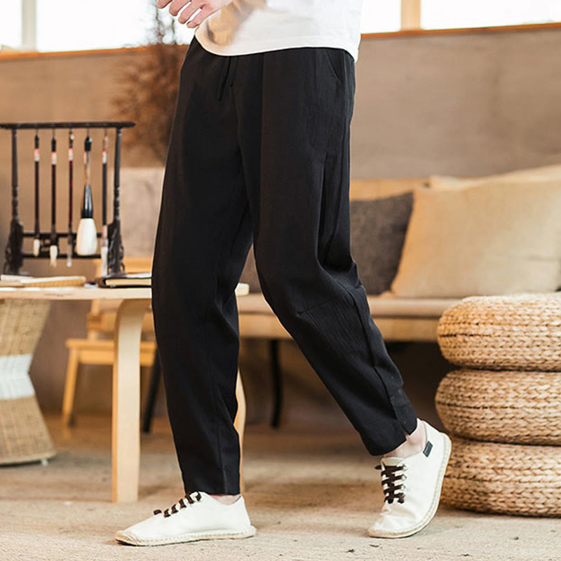 Buddha Stones Solid Color Linen Drawstring Tapered Men's Pants With Pockets - Black - US/UK/AU46,EU56 (5XL) - image 19