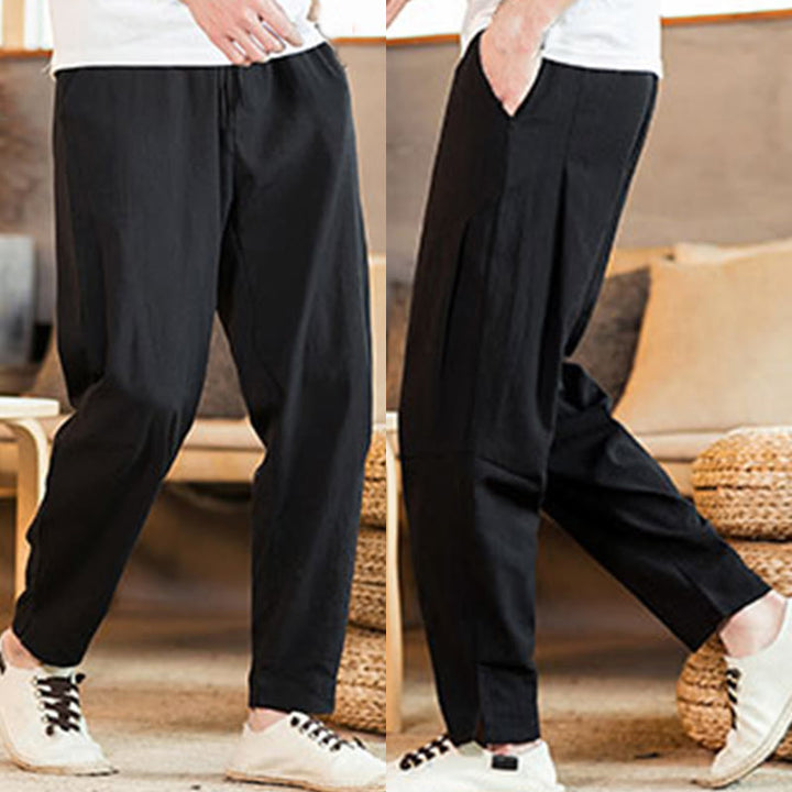 Buddha Stones Solid Color Linen Drawstring Tapered Men's Pants With Pockets - image 26