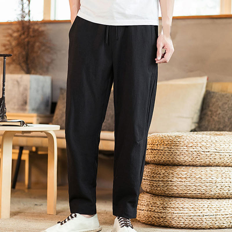 Buddha Stones Solid Color Linen Drawstring Tapered Men's Pants With Pockets - image 22