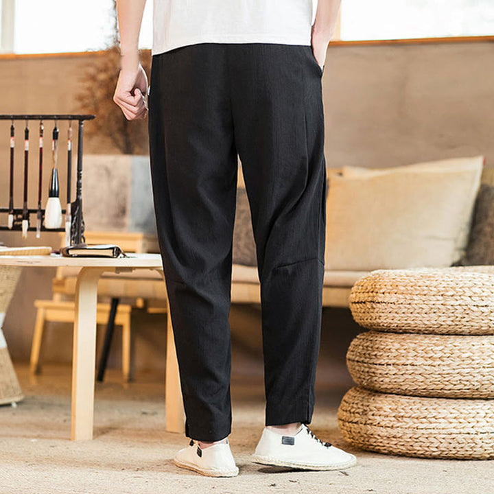 Buddha Stones Solid Color Linen Drawstring Tapered Men's Pants With Pockets - image 23