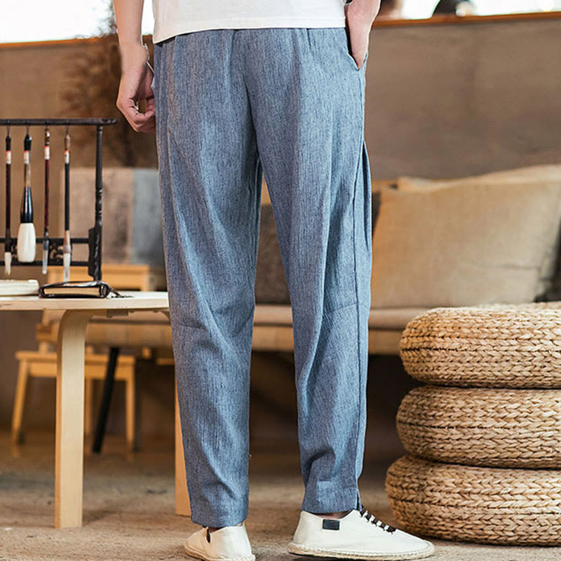 Buddha Stones Solid Color Linen Drawstring Tapered Men's Pants With Pockets - image 30