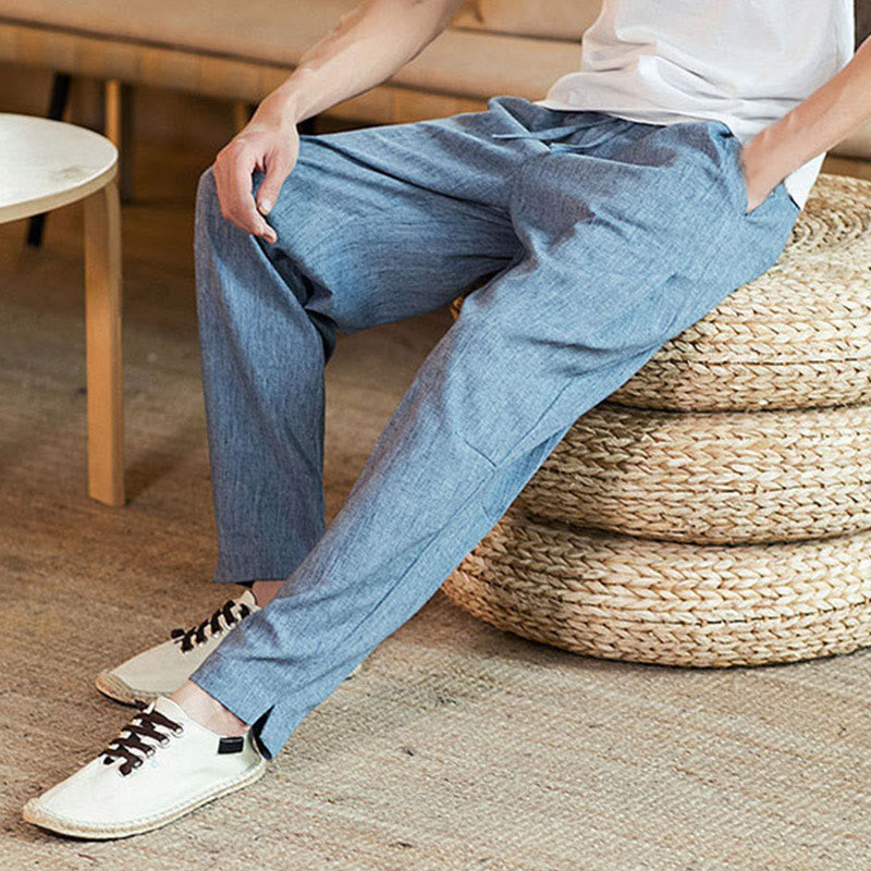 Buddha Stones Solid Color Linen Drawstring Tapered Men's Pants With Pockets - image 33