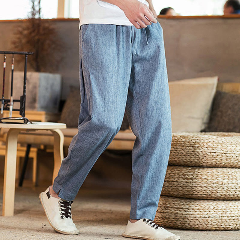 Buddha Stones Solid Color Linen Drawstring Tapered Men's Pants With Pockets - image 28