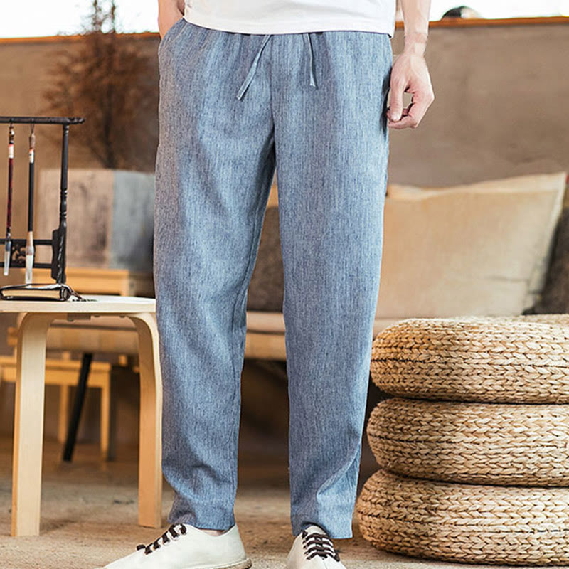 Buddha Stones Solid Color Linen Drawstring Tapered Men's Pants With Pockets - image 29