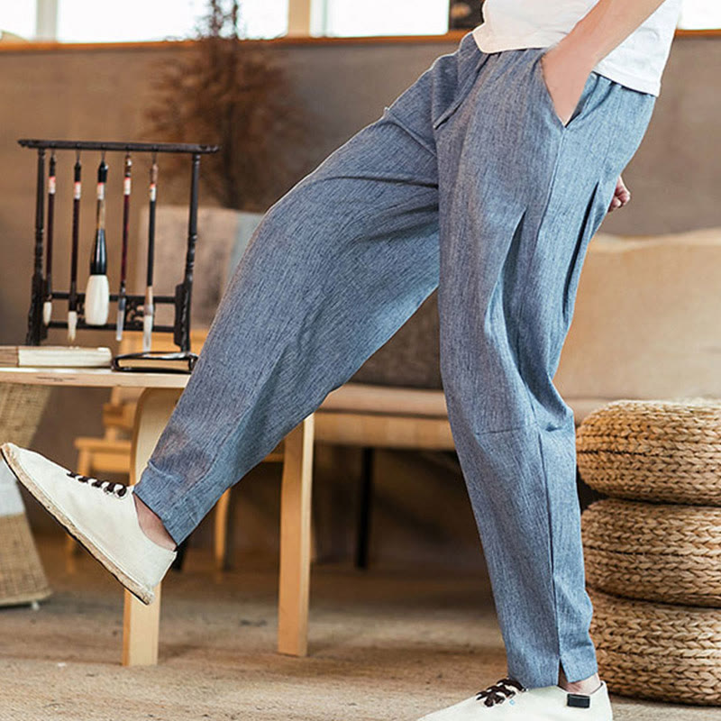 Buddha Stones Solid Color Linen Drawstring Tapered Men's Pants With Pockets - image 32