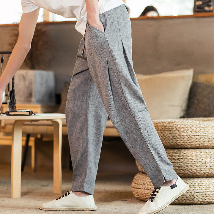 Buddha Stones Solid Color Linen Drawstring Tapered Men's Pants With Pockets - image 16