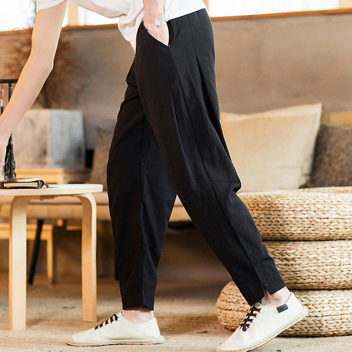 Buddha Stones Solid Color Linen Drawstring Tapered Men's Pants With Pockets - image 24