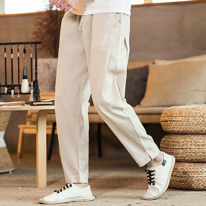 Buddha Stones Solid Color Linen Drawstring Tapered Men's Pants With Pockets - Beige - US/UK/AU46,EU56 (5XL) - image 35