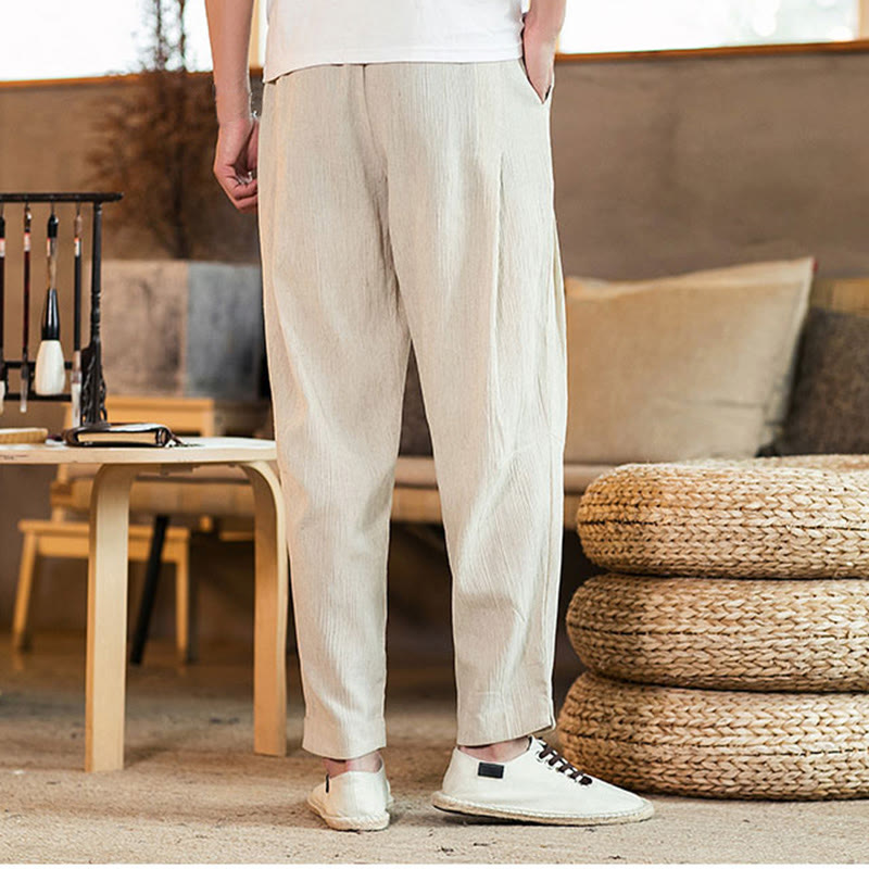 Buddha Stones Solid Color Linen Drawstring Tapered Men's Pants With Pockets - image 38