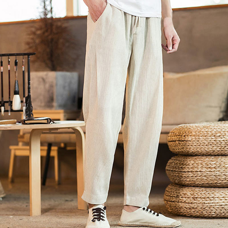 Buddha Stones Solid Color Linen Drawstring Tapered Men's Pants With Pockets - image 37