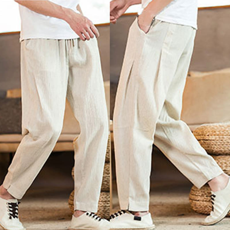 Buddha Stones Solid Color Linen Drawstring Tapered Men's Pants With Pockets - image 45