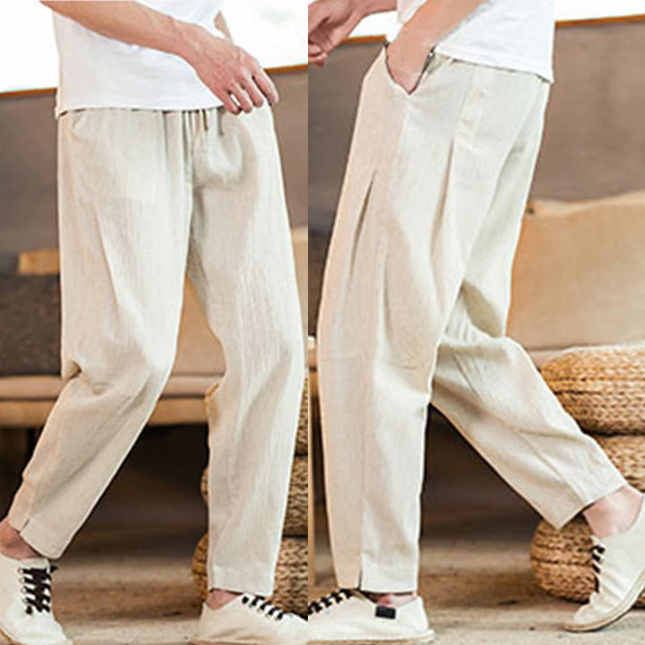 Buddha Stones Solid Color Linen Drawstring Tapered Men's Pants With Pockets - image 45