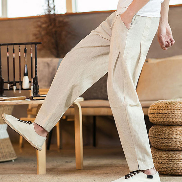 Buddha Stones Solid Color Linen Drawstring Tapered Men's Pants With Pockets - image 41